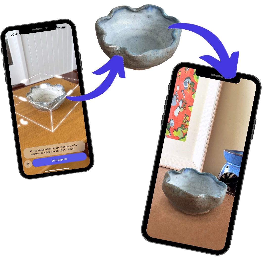 An image showing the process of capturing a 3D scan of a handmade pottery bowl, what the 3D model looks like, and then how it looks in an augmented reality view.